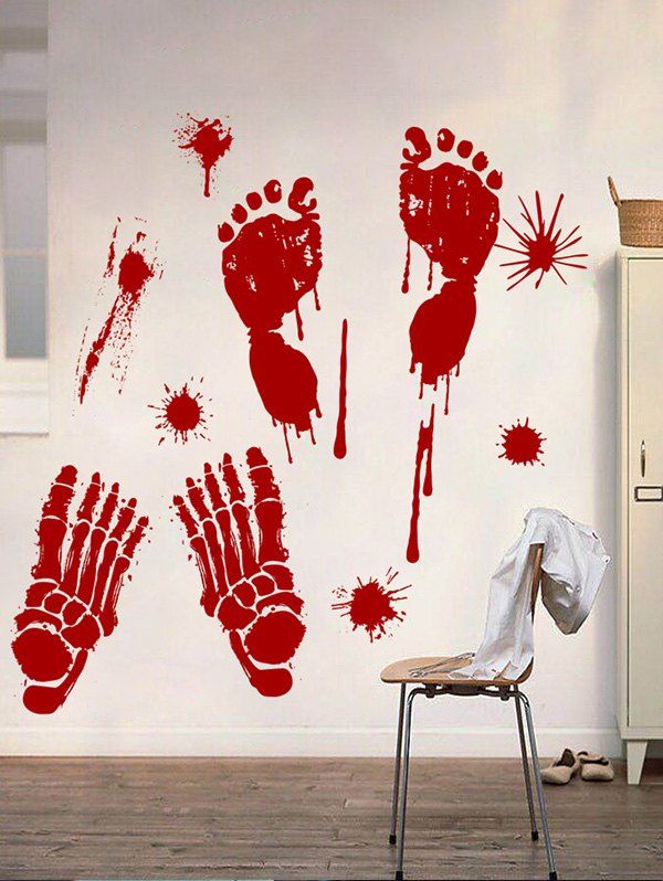 

Halloween Blood Footprint Skeleton Window Wall Stickers, Red