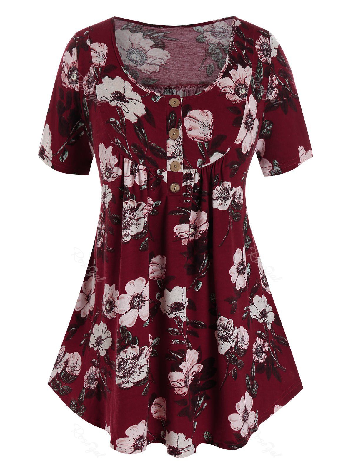 

Plus Size Floral Print Henley Curved Hem T Shirt, Firebrick