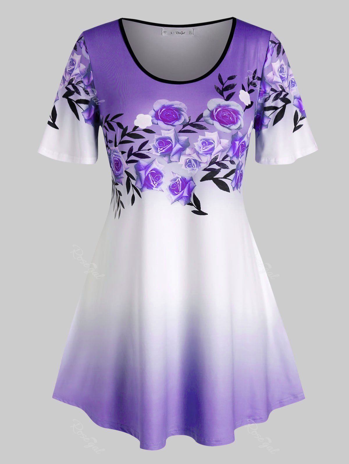 

Plus Size Ombre Color Floral Print T Shirt, Purple