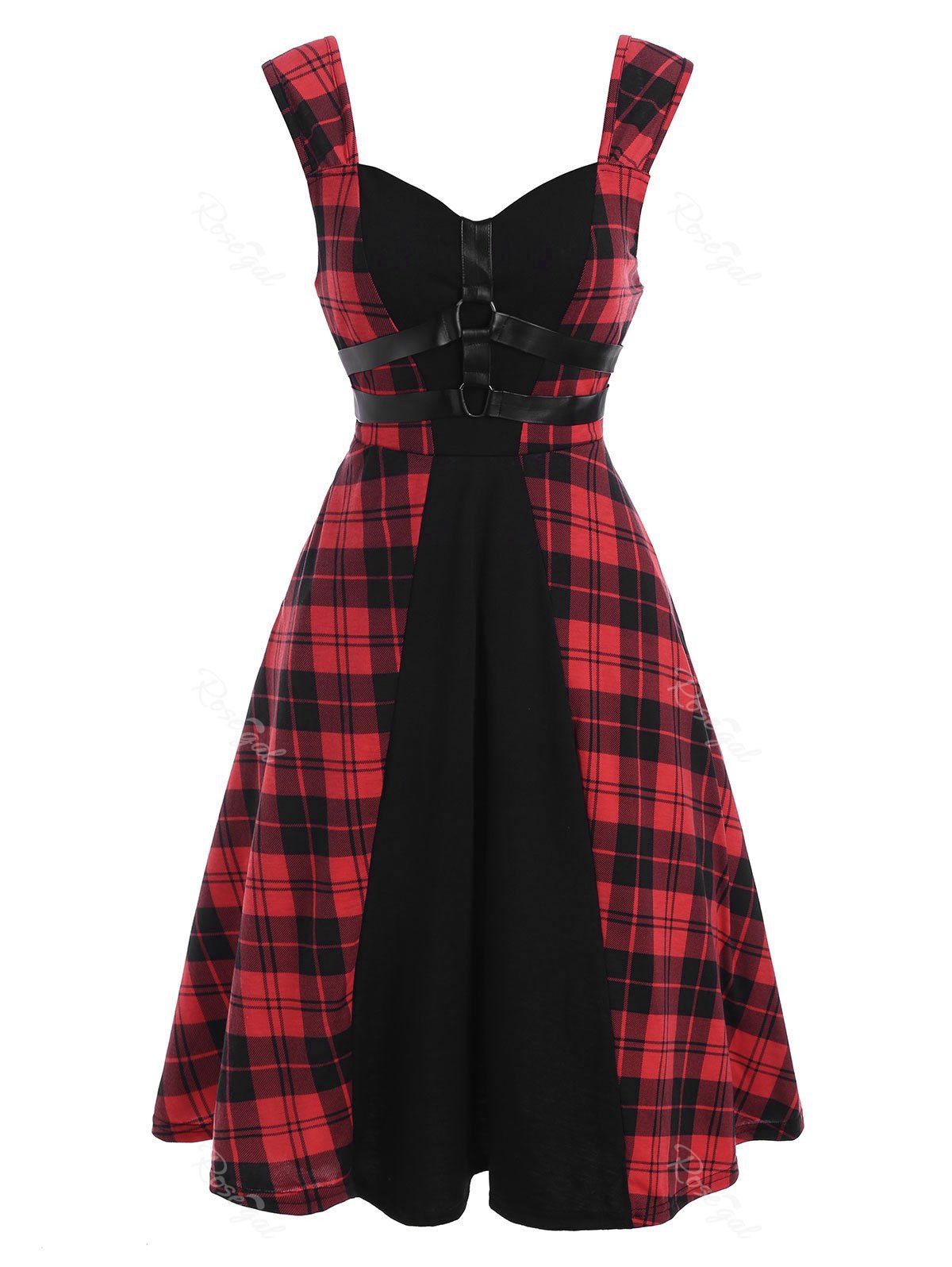 

Plaid O Ring Faux Leather Straps Midi Dress, Red