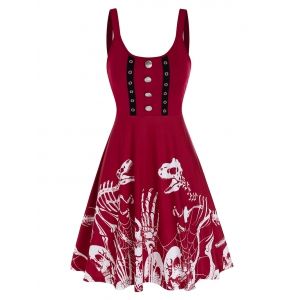 

Button Dinosaur Skeleton Print A Line Gothic Dress, Red wine