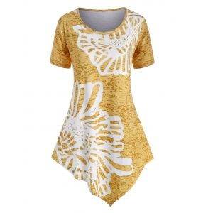 

Plus Size Floral Asymmetric T Shirt, Deep yellow