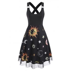 

Lace Insert Sun Moon Star Print Criss Cross Dress, Deep yellow