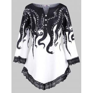 

V-notched Scalloped Lace Trim Octopus Print Plus Size Blouse, Black