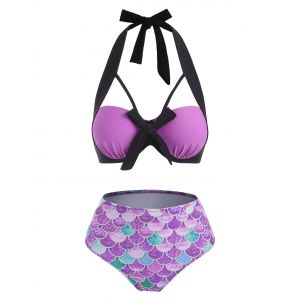 

Halter Scale Print Mermaid Push Up Bikini Swimwear, Purple