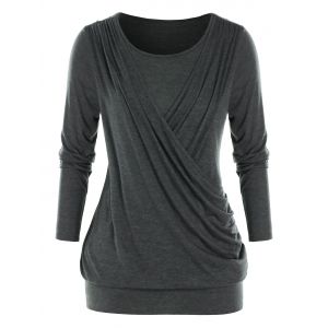 

Plus Size Crossover Surplice Ruched Blouson Tunic Tee, Ash gray