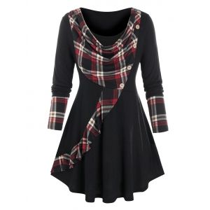 

Plus Size Cowl Front Plaid Curved Hem Tunic Tee, Black