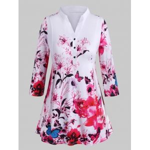 

Plus Size Half Button Floral Print T Shirt, White