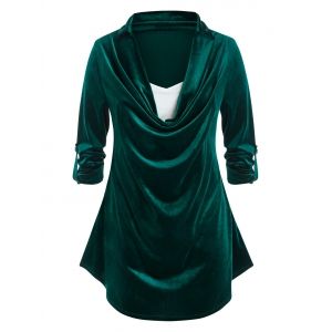 

Plus Size Velvet Draped Cowl Neck Roll Tab Sleeve Tunic Tee, Deep green