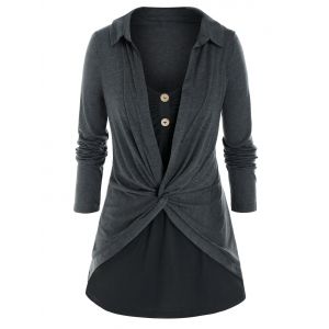 

Plus Size Two Tone Twisted Ruched Long Sleeve Tee, Black