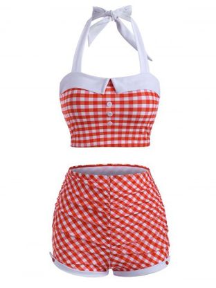 Halter Gingham Ruched Boyshorts Tankini Swimwear