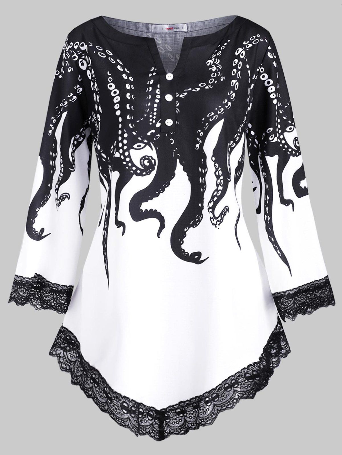 

V-notched Scalloped Lace Trim Octopus Print Plus Size Blouse, Black