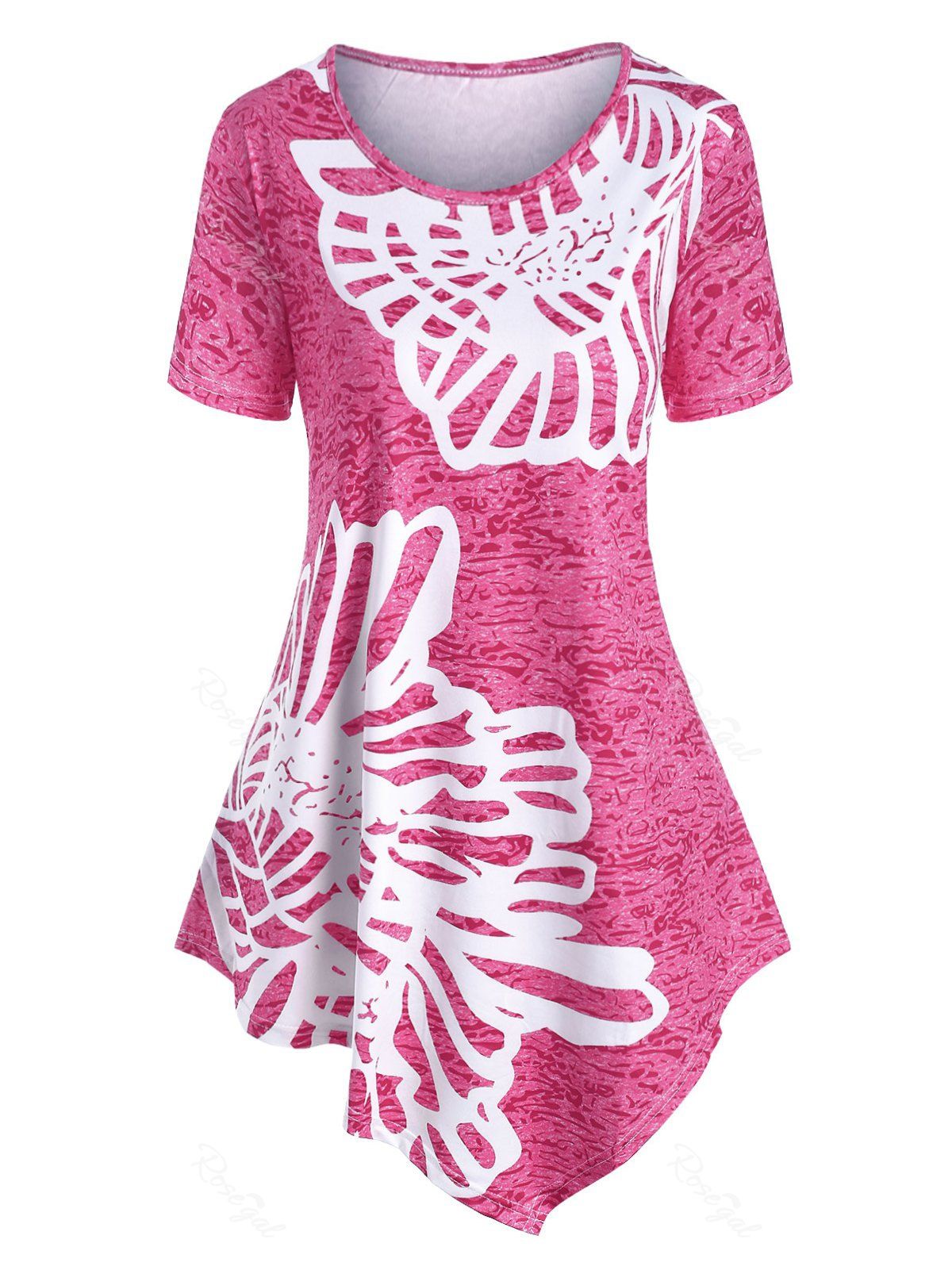 

Plus Size Floral Asymmetric T Shirt, Light pink