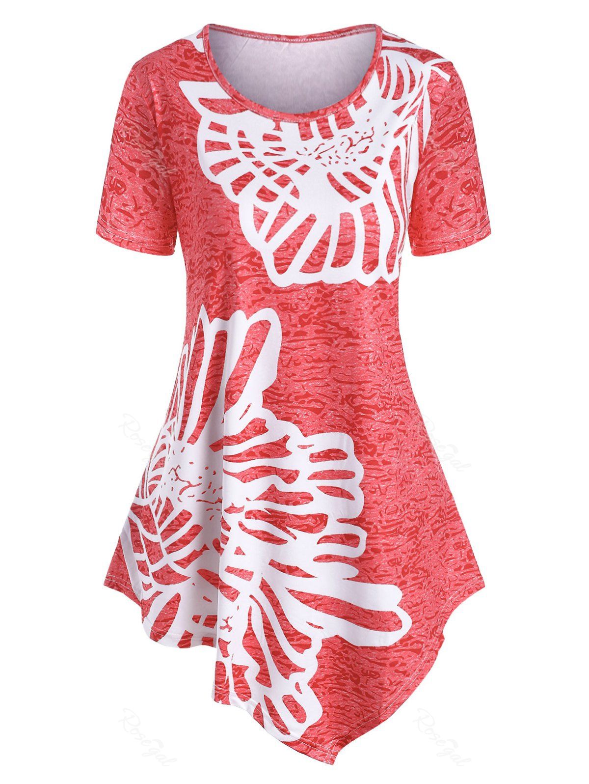 

Plus Size Floral Asymmetric T Shirt, Red