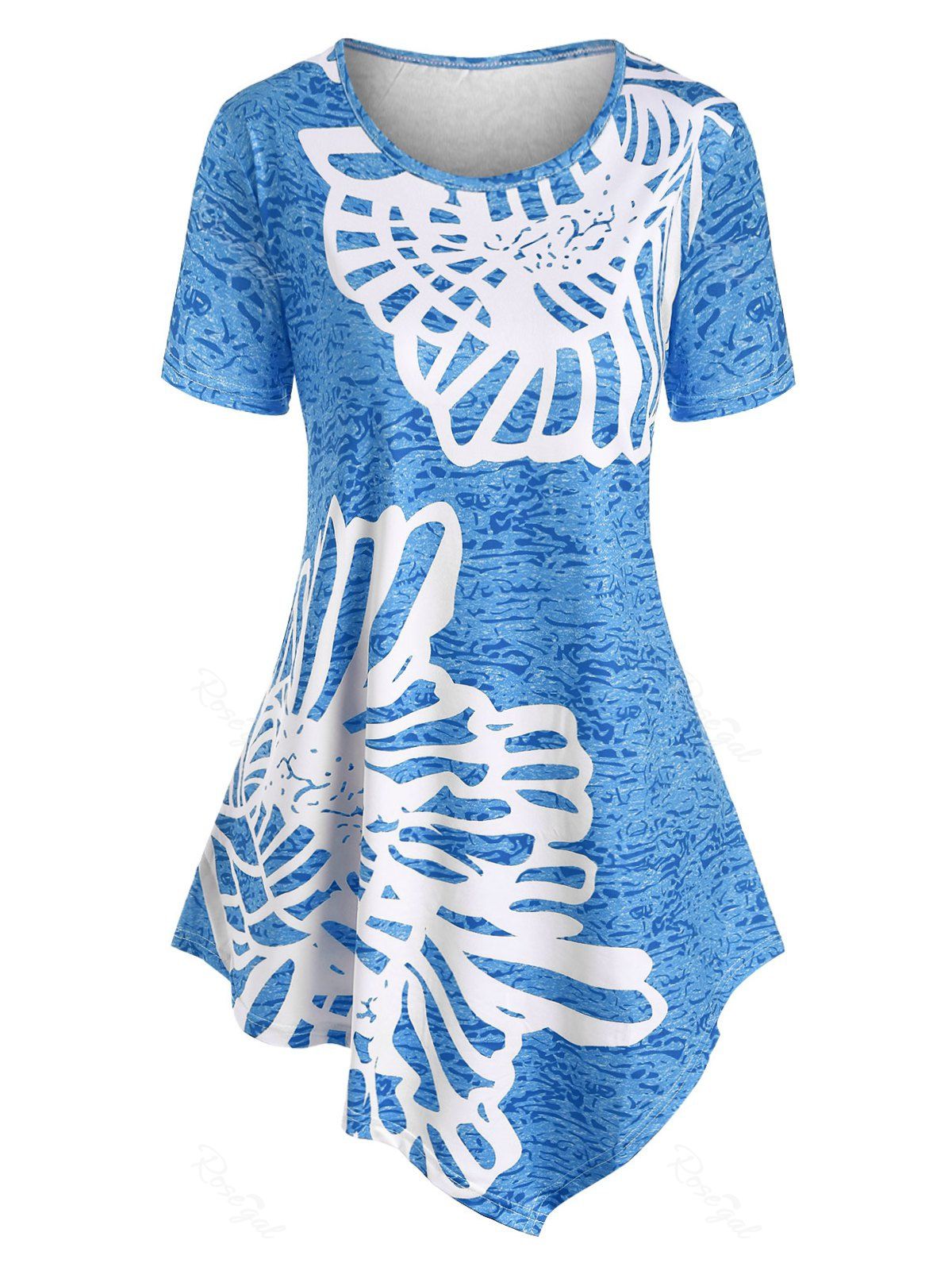 

Plus Size Floral Asymmetric T Shirt, Light blue