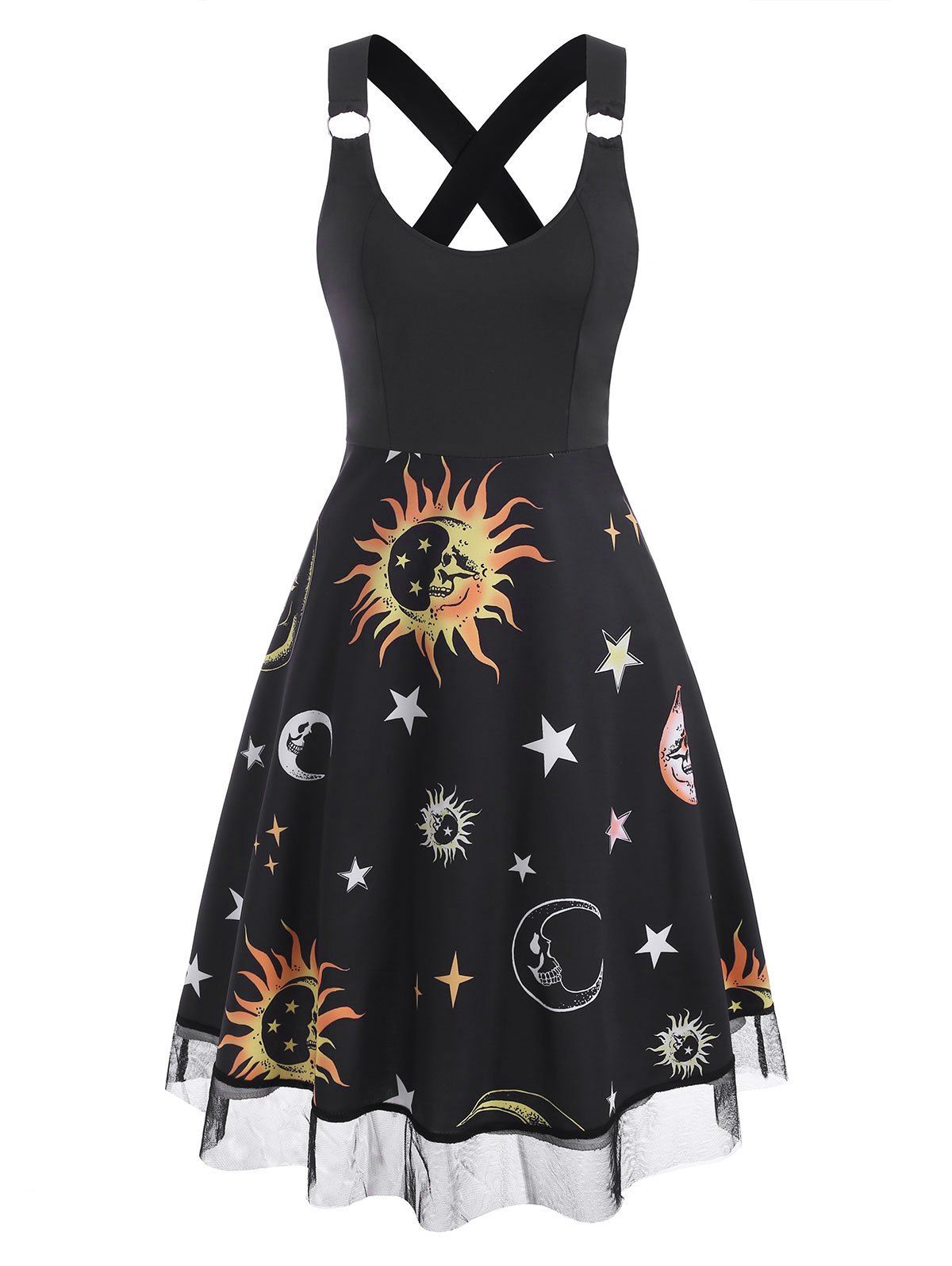 

Lace Insert Sun Moon Star Print Criss Cross Dress, Deep yellow