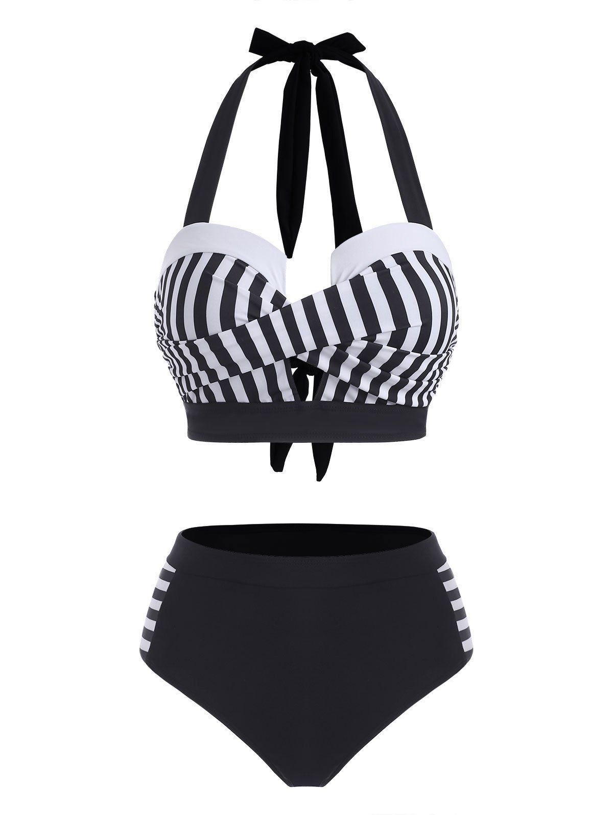 

Halter Striped Twist High Waisted Bikini Swimwear, Black