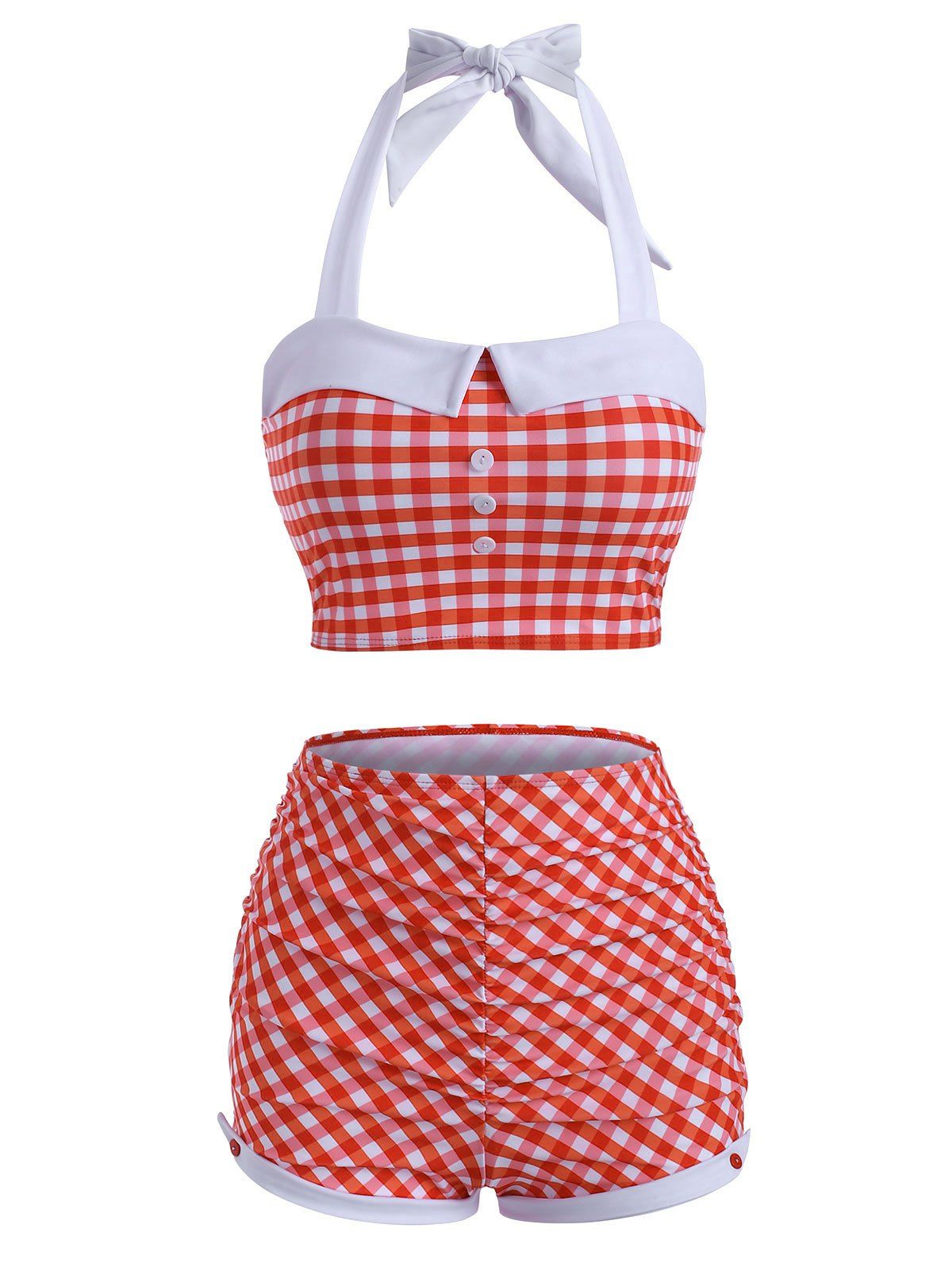 

Halter Gingham Ruched Boyshorts Tankini Swimwear, Red