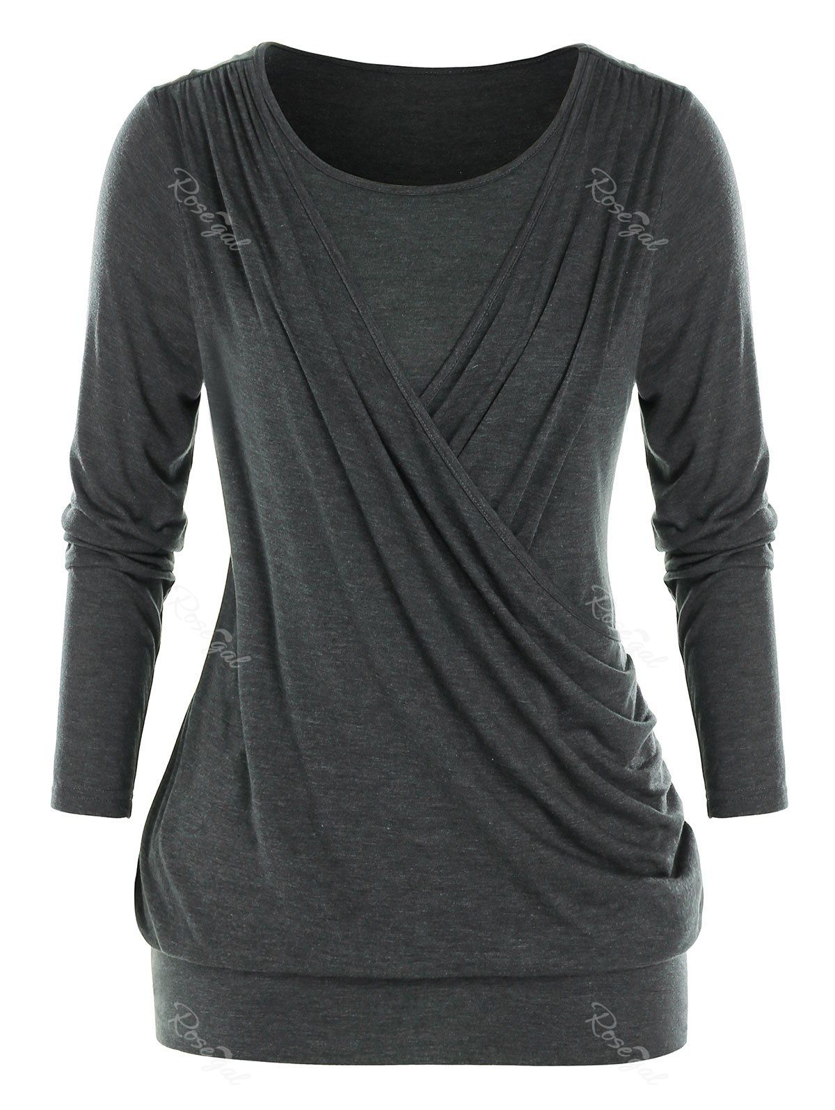 

Plus Size Crossover Surplice Ruched Blouson Tunic Tee, Ash gray