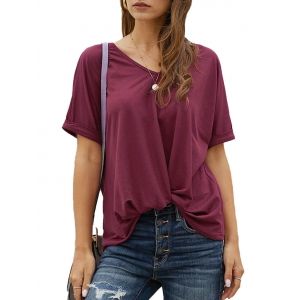 

Twisted Hem Rolled Cuff Batwing Sleeve T-shirt, Red