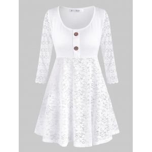 

Mock Buttons Lace Panel Plus Size Tunic Top, White