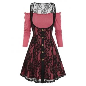 

Cold Shoulder Mock Button Overlay Lace Two Piece Dress, Cherry red