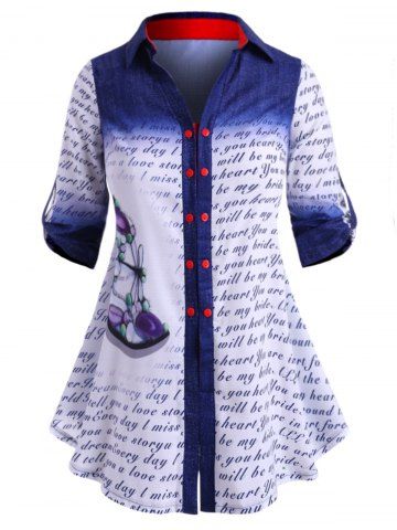 Double Breasted Dragonfly Letter Printed Plus Size Shirt - BLUE - 4X