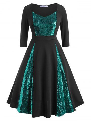 Scoop Sequins Panel Plus Size Prom Dress - GREEN - L