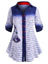 Double Breasted Dragonfly Letter Printed Plus Size Shirt -  