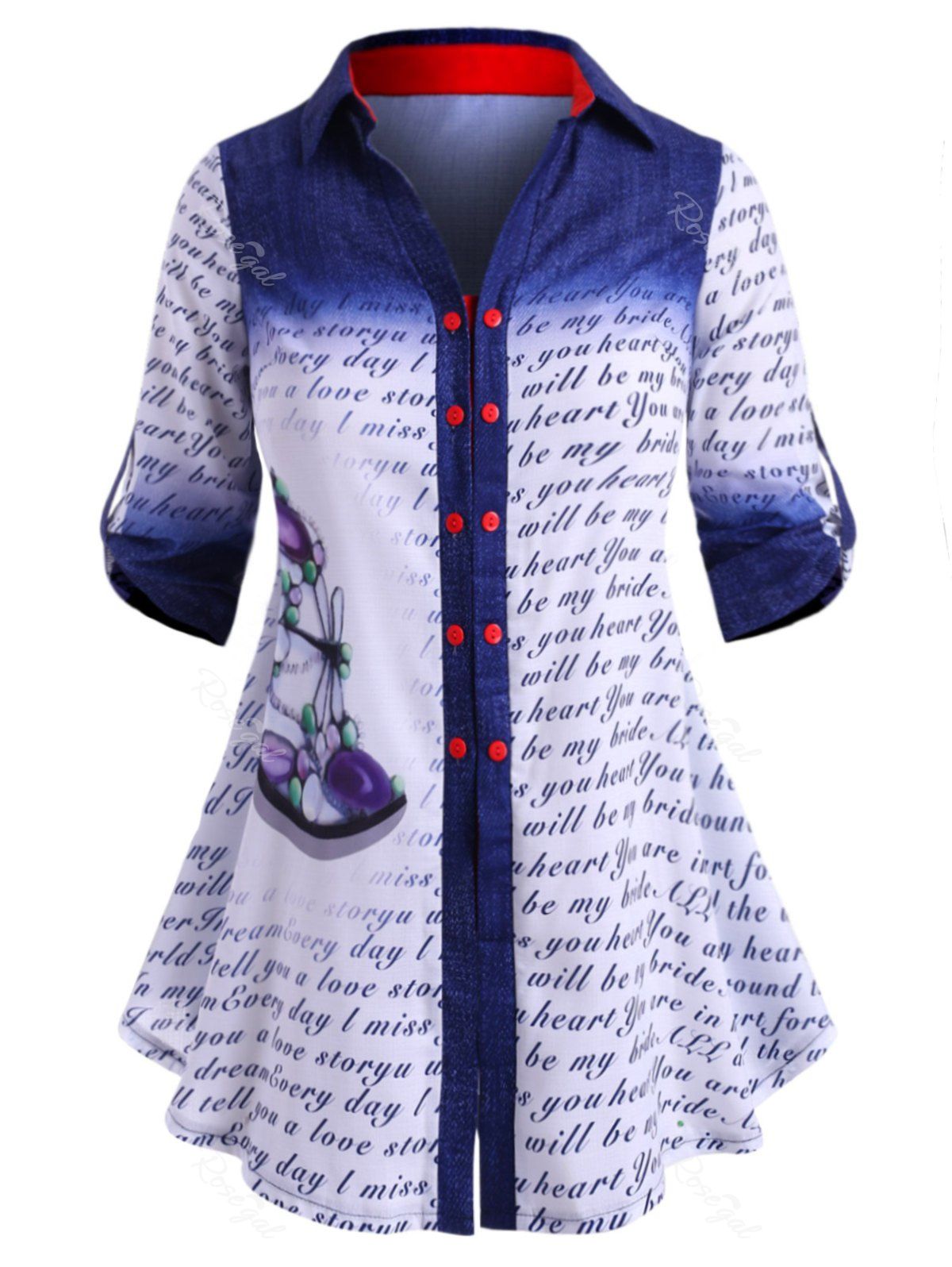 Store Double Breasted Dragonfly Letter Printed Plus Size Shirt  