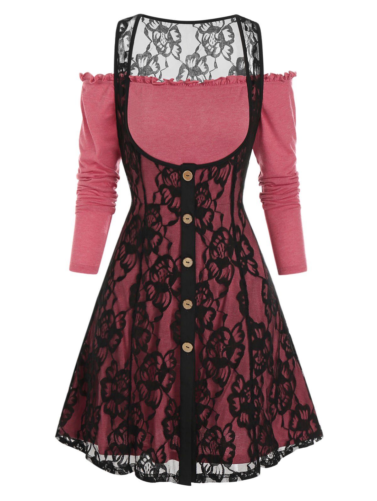 

Cold Shoulder Mock Button Overlay Lace Two Piece Dress, Cherry red