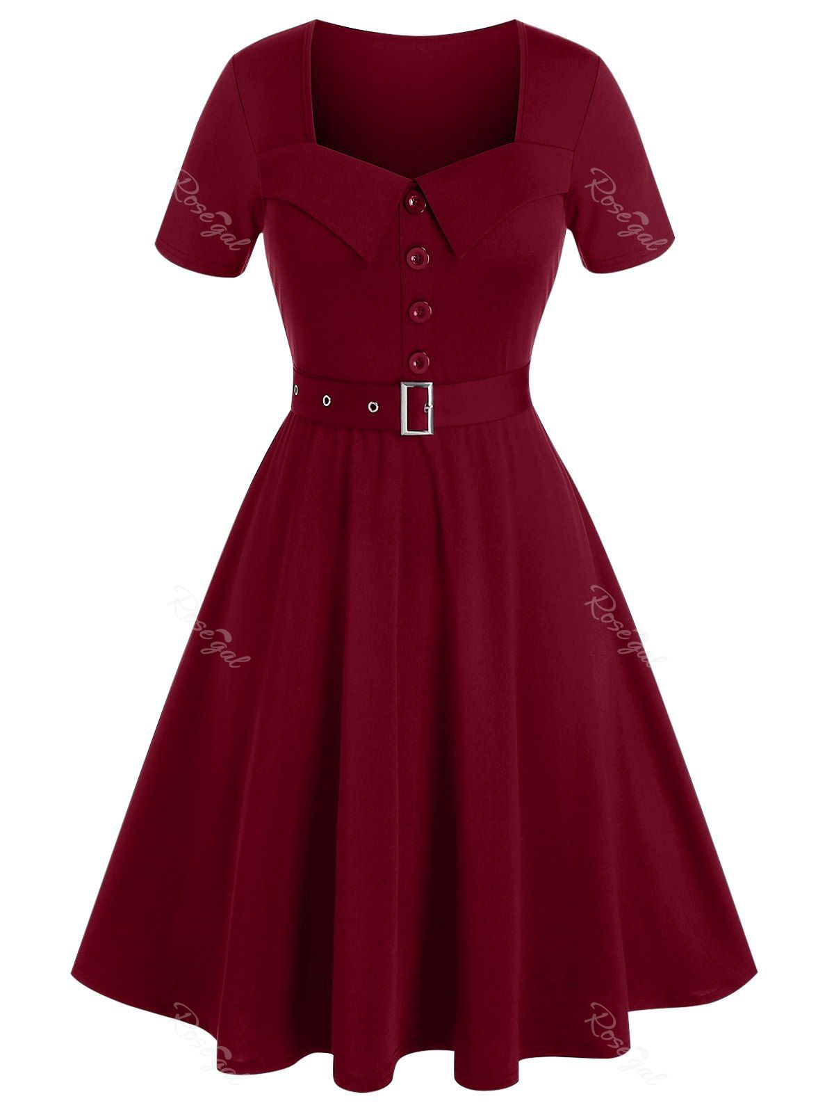 

Plus Size Belted Buttoned Square Neck Vintage Dress, Red wine