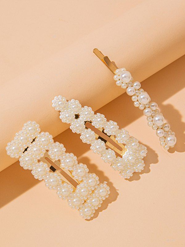 

3 Piece Faux Pearl Embellished Hair Barrettes Set, Golden