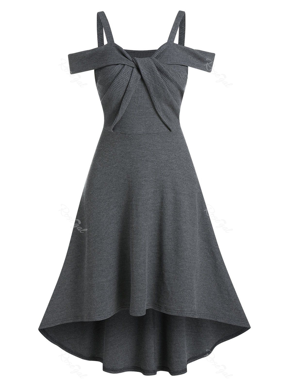 

Plain Front Twist Cold Shoulder High Low Dress, Gray