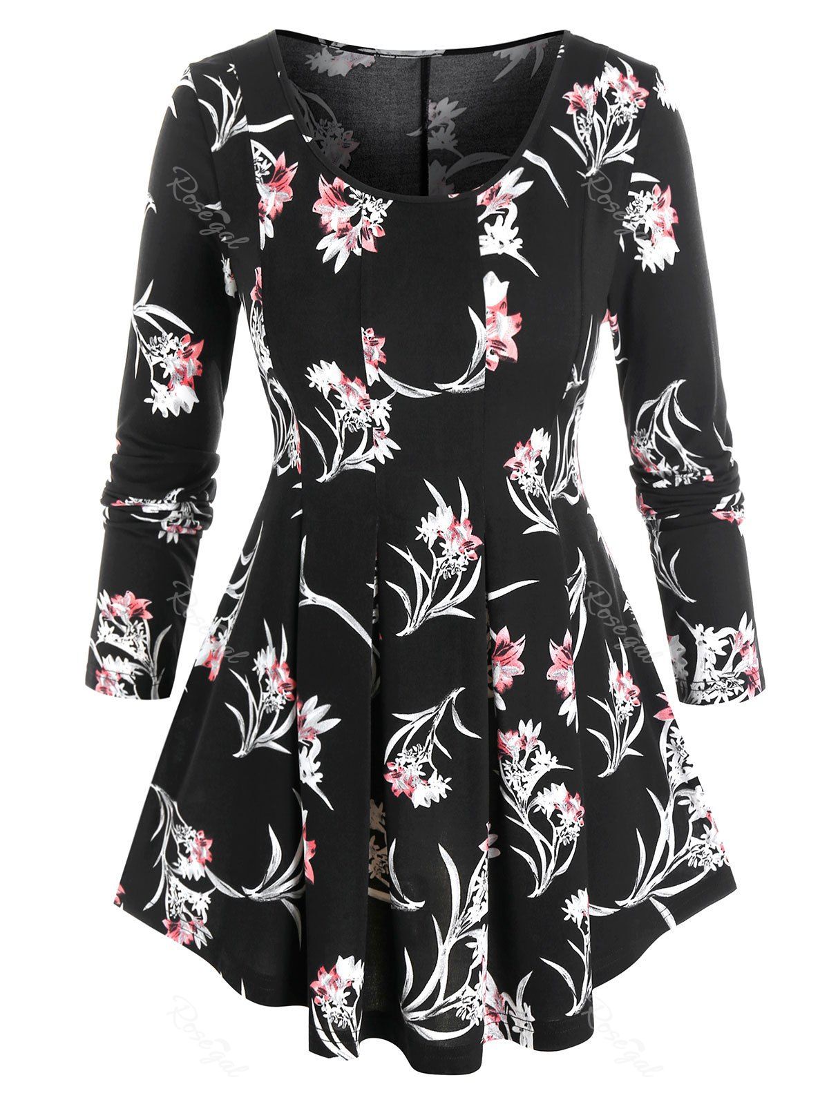 

Plus Size Flower Print Pleated A Line Tunic Top, Black