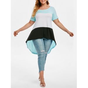 

Plus Size High Low Colorblock T Shirt, Light blue