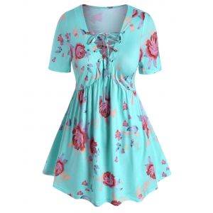 

Plus Size Lace Up Floral Print T-shirt, Light blue