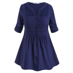 

Tab Sleeve Button Up Pintuck Plus Size Blouse, Deep blue