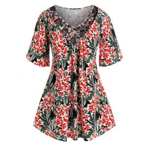 

Plus Size Flower Print Lace Panel Tunic Tee, Black