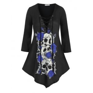 

Plus Size Skull Rose Print Lace Up Halloween T Shirt, Black