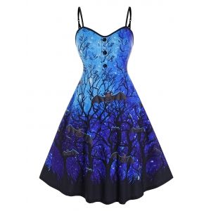 

Plus Size Galaxy Branch Bat Print Backless Halloween Dress, Blue