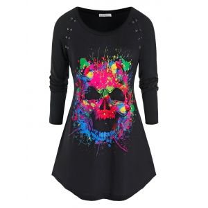 

Plus Size Skull Splatter Paint Grommet Long Sleeve Tee, Black