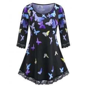 

Scalloped Lace Trim Colorful Butterfly Plus Size Top, Black