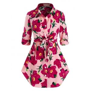 

Plus Size Flower Roll Tab Sleeve Curved Hem Knotted Blouse, Pink