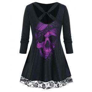 

Plus Size Halloween Skull Twisted Cross Lace Hem Long Tee, Black
