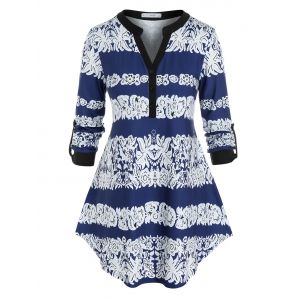 

Plus Size Placket Print V Cut Roll Tab Sleeve Curved Blouse, Deep blue