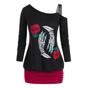 

Plus Size Skeleton Hands Flower Ruched Oblique Shoulder Tee, Black