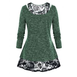 

Plus Size Marled Lace Panel Cutout See Thru Tee, White