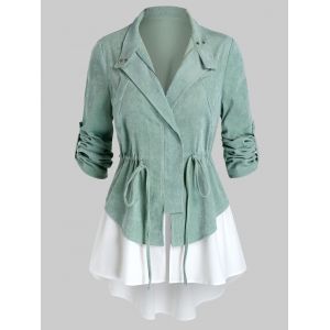 

Plus Size Corduroy Drawstring Curved Hem Roll Tab Sleeve Jacket, Light green