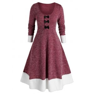 

Plus Size Bowknot Faux Fur Panel A Line Knit Dress, Deep red